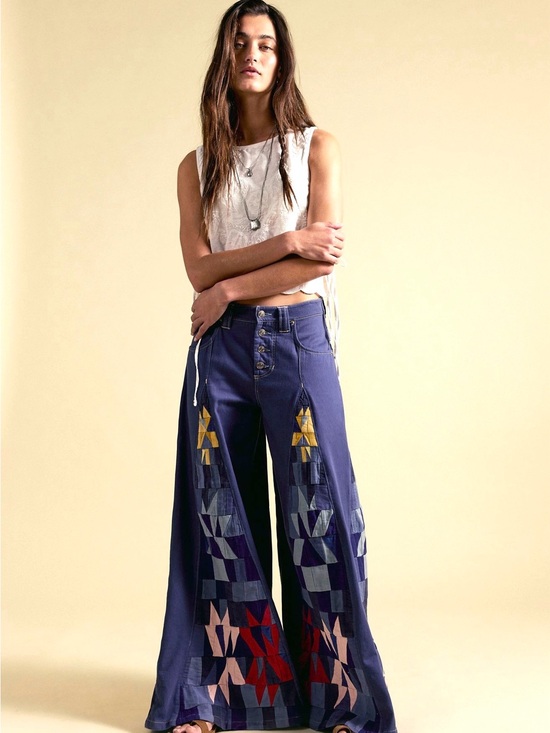 We The Free Pants - Free People We The Free Navy Wide-Leg Patchwork Embroidered Pants NWT SZ 29